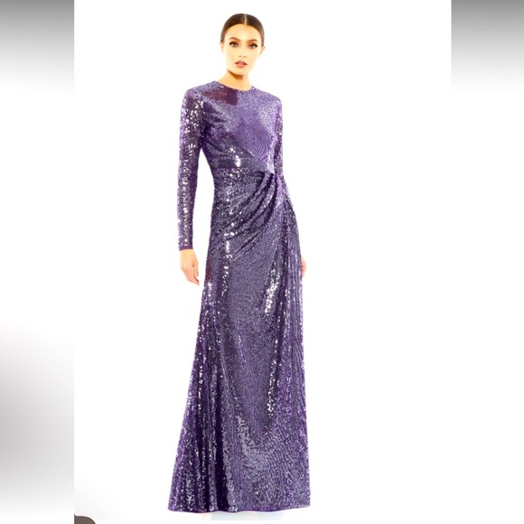 Mac Duggal Sequined High Neck Long Sleeve Draped Gown Purple/Plum NWT Size 8 - Picture 1 of 3